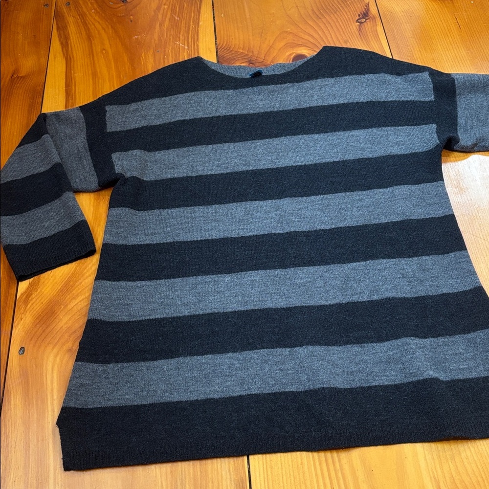 EILEEN FISHER L Black Gray Wide Stripe 100% Merino Wool Boatneck Sweater 3/4 Slv